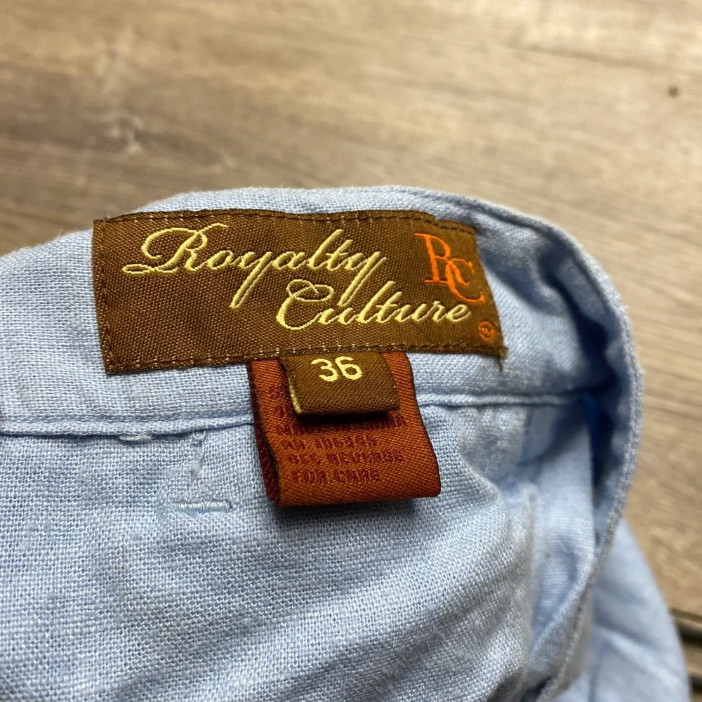 Royalty Culture Pants Mens 36 Blue Linen Pleated Wide Leg Cuffed Summer Beach